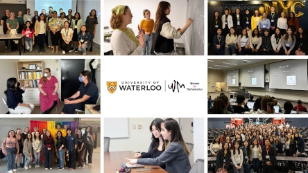 A photographic collage presenting the University of Waterloo Women in Math Committee, showing group photographs and individuals working together in classrooms. In the centre on a white space are the logos of the university and the committee. The Committee is recipient of the 2026 CMS Inclusion in Mathematics Prize.